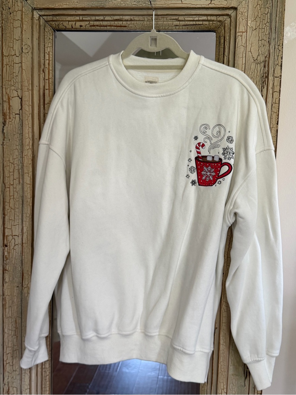 Women’s White Crewneck Sweatshirt with Red Hot Cocoa Graphic and Recipe